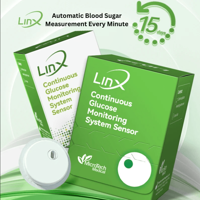 LinX CGM sensor for continuous glucose monitoring, providing real-time blood sugar tracking for diabetes management. Compatible with smartphones via Bluetooth.